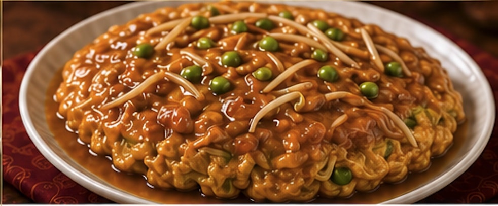 Egg foo yong omelet topped with savory gravy at Golden Dragon Tucson